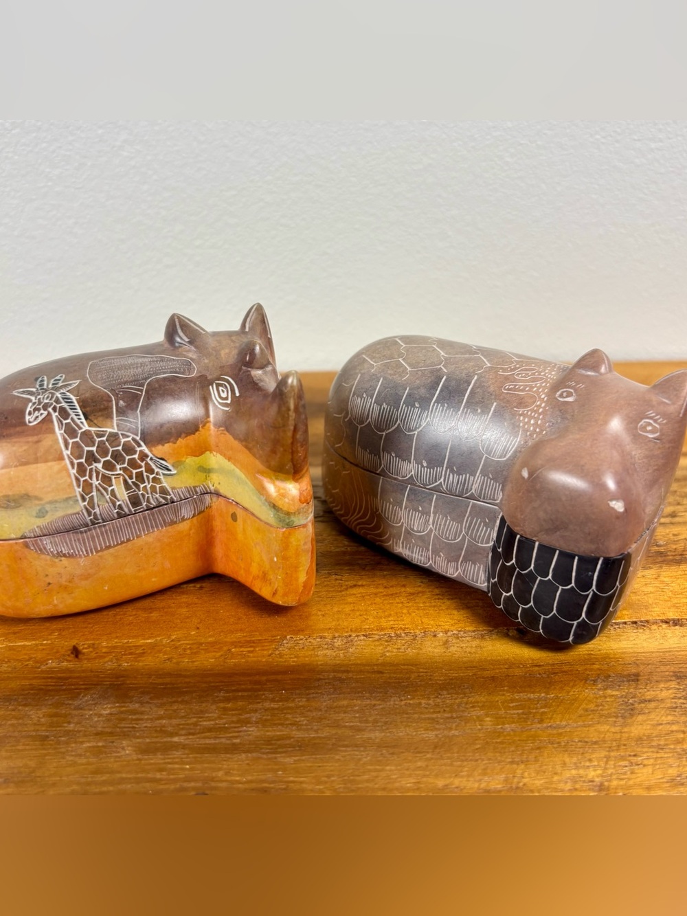 Hippo & Rhino Carved Soapstone Trinket Boxes - handmade giraffe etched vintage